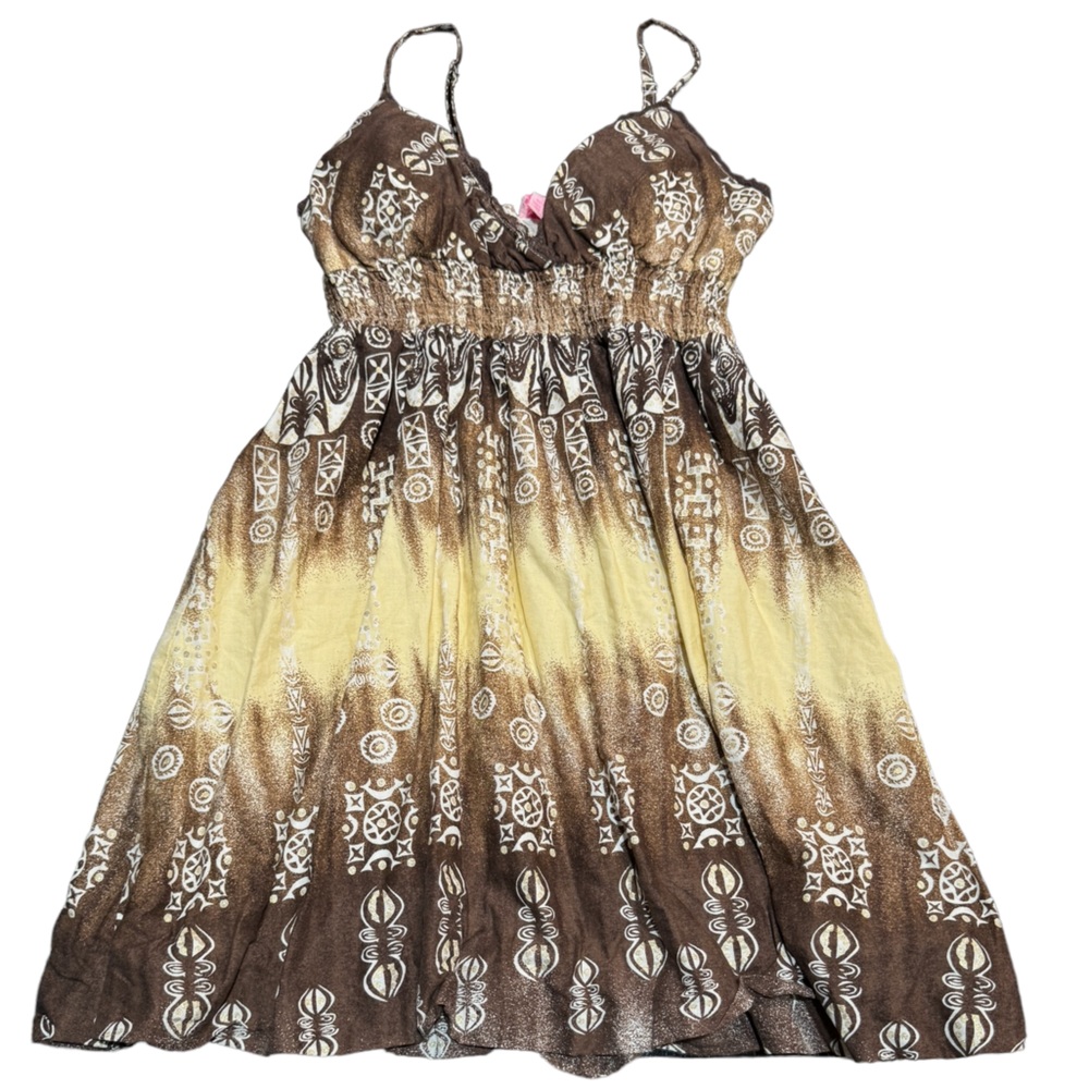 She's Cool Brown Yellow Tribal Print Cotton Smocked Boho Sun Dress‎ Large pb2